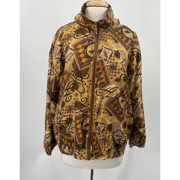 Vintage Equestrian Print Bomber Jacket Brown Tan Gold EUC Size L 100% Silk - Picture 4 of 12